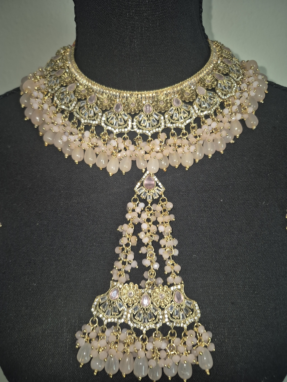 Gold-Tone Pink Beaded Statement Choker Necklace
